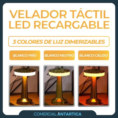 Lámpara Velador Led Usb Recargable Touch 3 Brillos Dorado X4