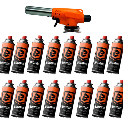 Cabezal Soplete Brogas + Pack 16 Cartucho Gas Butano 227g