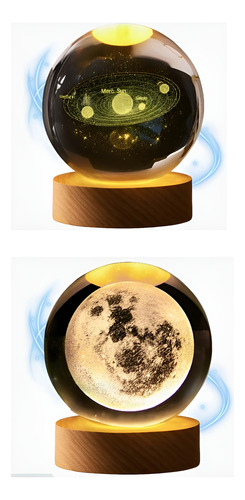 Combo 2 Lámparas Esfera Cristal 3d Led Usb Base Madera