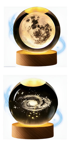 Set 2 Lámparas Esfera 3d Cristal Usb Led Con Base Madera
