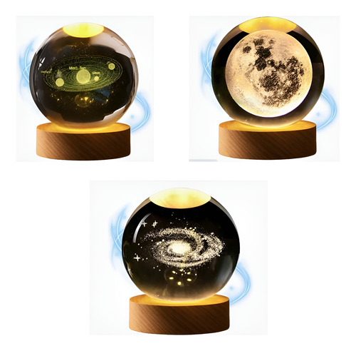 [combo esfera x3] Combo 3 Lámparas Esfera Cristal 3d Led Usb Base Madera